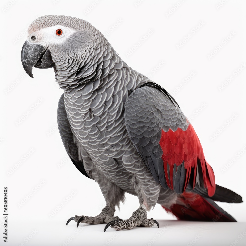 Naklejka premium African Grey Parrot bird isolated on white background. Generative AI