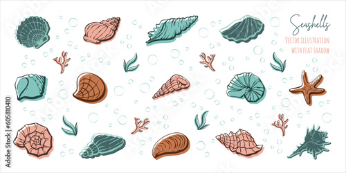 Big set of hand drawn seashells, corals and seaweed. Outline illustrations in a trendy minimal style. Vector illustration of a mussel for tattoo, design social media post and stories.	