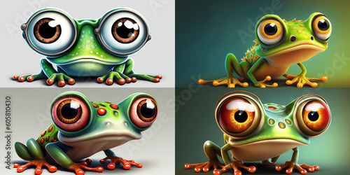 Cartoon images of a cute frog with big eyes, in high resolution generated by artificial intelligence.
