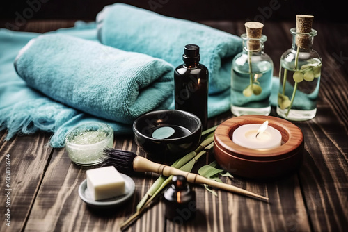 Aesthetic photo of a spa salon  showcasing a serene arrangement of towels  spa oil  and wooden table for indulgent beauty treatments  ai-generated