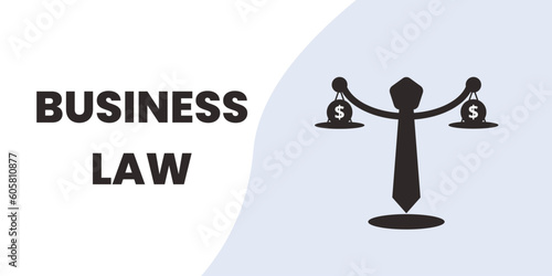 Business Law Banner on White and Blue Background. Stylish Banner with Black Text and Icon for Business and Law