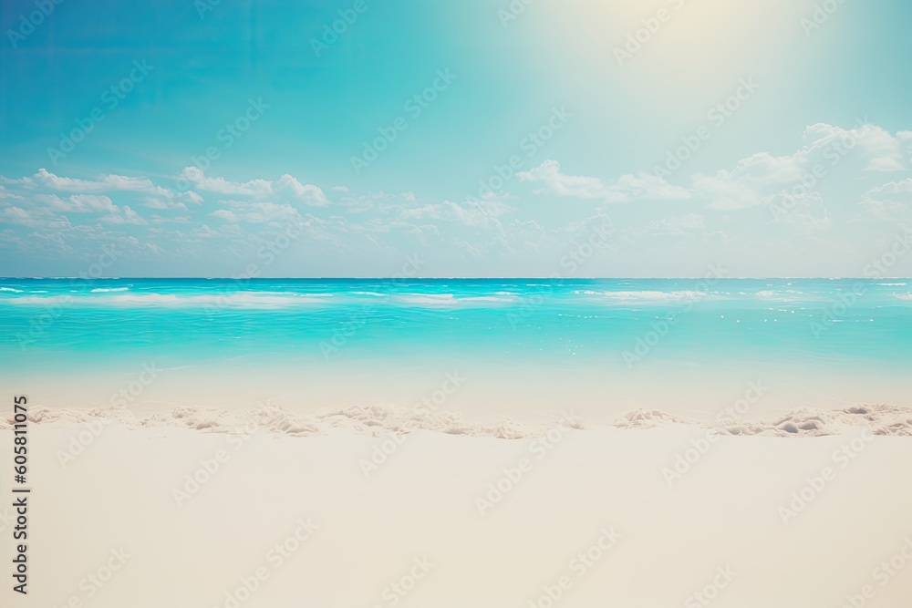 Summer season blur tropical nature clean beach and white sand with sun bright blue sky backdrop. Generative AI
