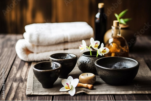Aesthetic photo of a spa salon, showcasing a serene arrangement of towels, spa oil, and wooden table for indulgent beauty treatments, ai-generated