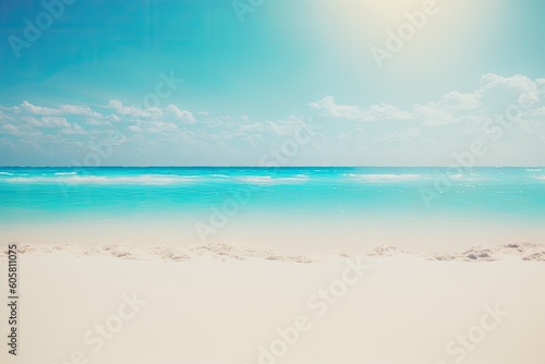 Summer season blur tropical nature clean beach and white sand with sun bright blue sky backdrop. Generative AI © 2rogan