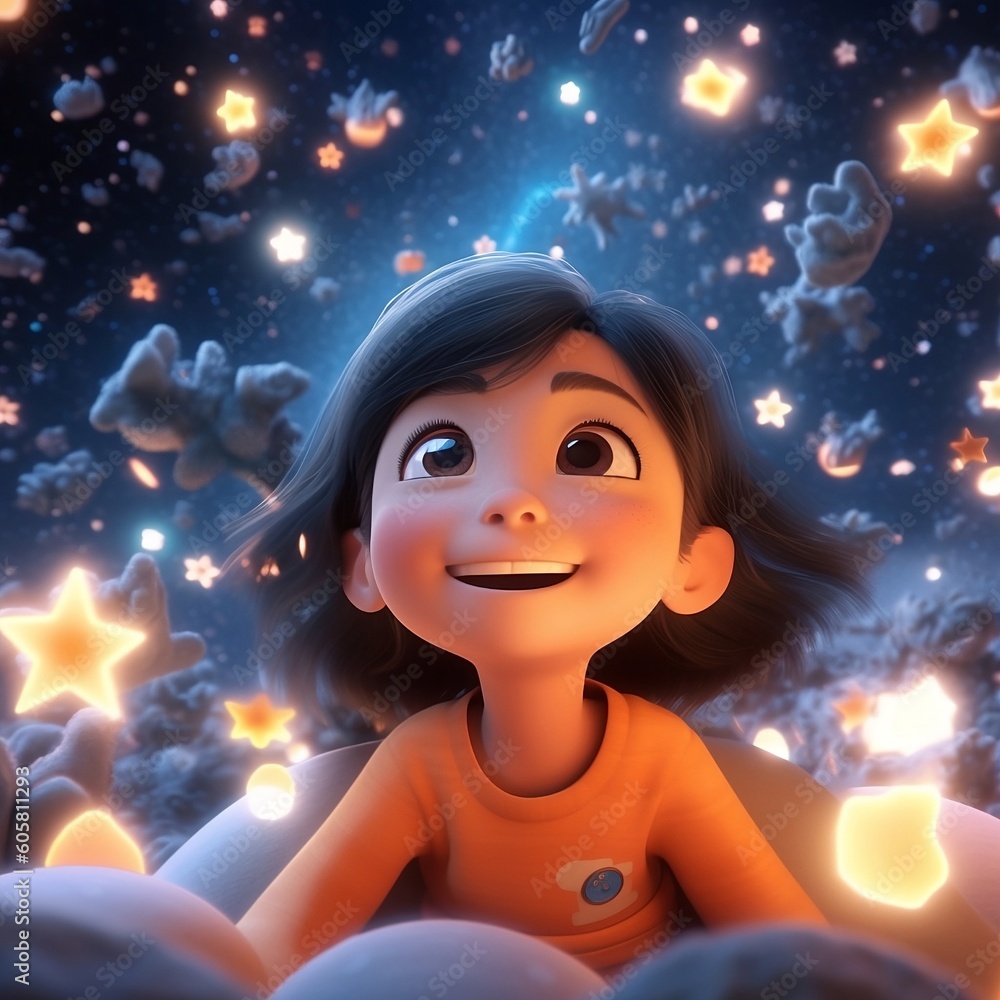 A little girl in the universe with hopeful