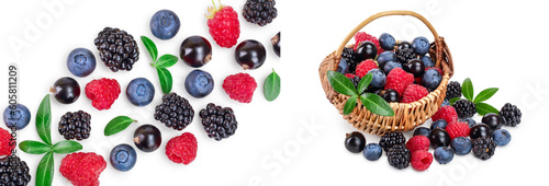 mix of blackberry blueberry raspberry isolated on white background. Top view. Flat lay pattern