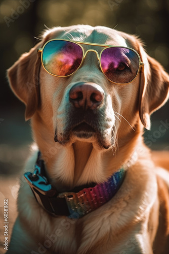 Portrait of Golden Retriever with in sunglasses outside. Generative AI © zamuruev