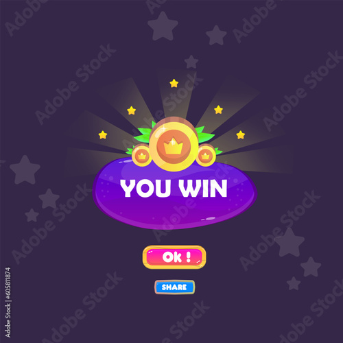 You Win Game UI Badge Pop Up Icon Reward Prize Premium Coins Stars Purple Button Magic Shine Buttons Cartoon Cute Vector Design