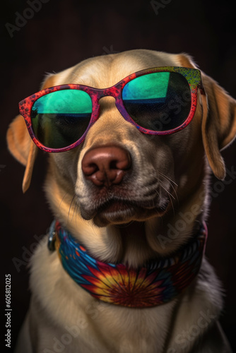 Portrait of Golden Retriever with in sunglasses on dark background. Generative AI © zamuruev