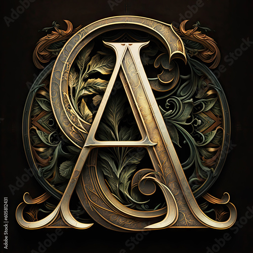 Letter A monogram. Nice wrought iron letter, entwined by floral pattern. Metallic, brown, gold colors symbol. AI generative