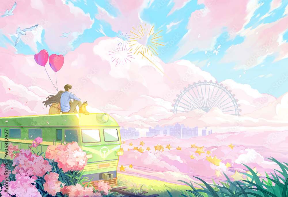 Obraz premium couple sitting on car enjoying landscape beauty