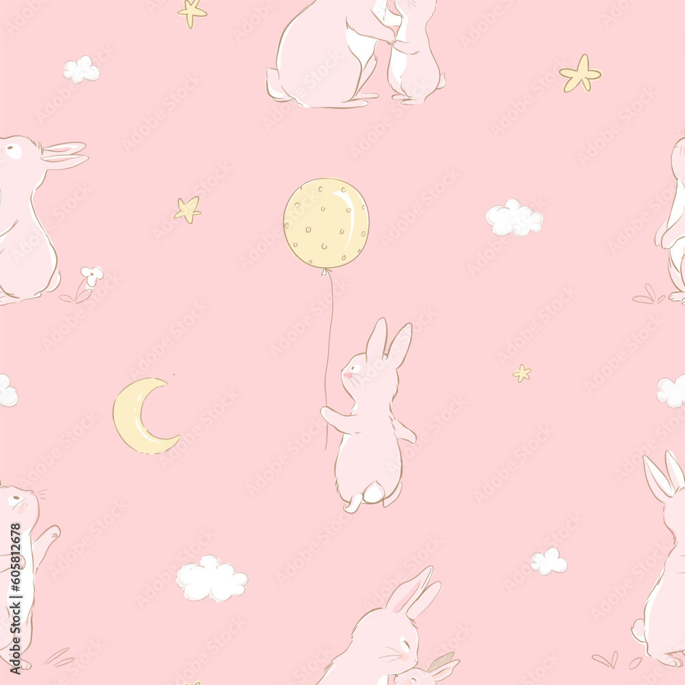 Seamless pattern with a cute bunny and mom in pastel colors. Baby Rabbit pattern doodle moon and stars. Can be used for t-shirt print, kids wear fashion design, baby shower invitation card