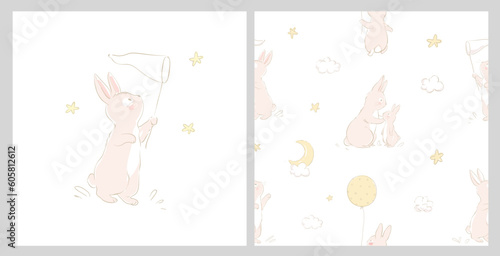 Seamless pattern with a cute bunny and mom in pastel colors. Baby Rabbit pattern doodle moon and stars. Can be used for t-shirt print, kids wear fashion design, baby shower invitation card