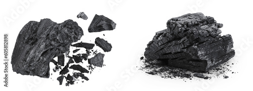 Fototapeta Naklejka Na Ścianę i Meble -  Natural wooden charcoal isolated on white background with full depth of field. Top view. Flat lay