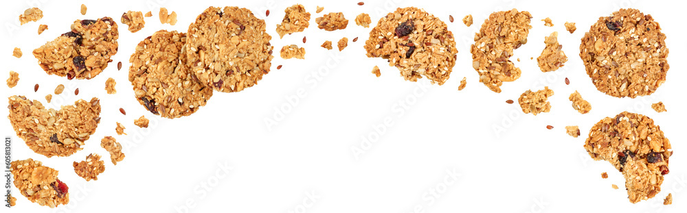 Granola cookie isolated on white background with full depth of field. Top view with copy space for your text. Flat lay. Granola cookie isolated on white background with full depth of field. Top view with copy space for your text. Flat lay.