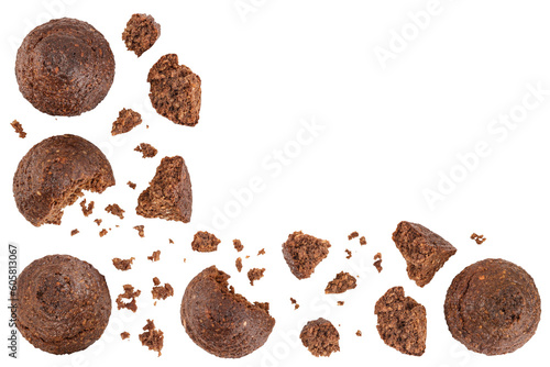 chocolate cookie with kerob and nuts isolated on white background. Healthy food, gluten-free, flour-free. Top view with copy space for your text photo