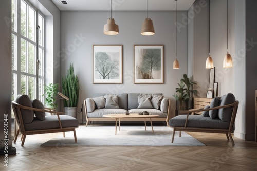 In a corner of a living room decorated in the Scandinavian style are plush gray sofas and chairs. Authentic floor lamps and a horizontal poster frame mockup. Generative AI