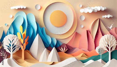 Paper art freehand pastel color lanscape view sun mountain Ai gen .
