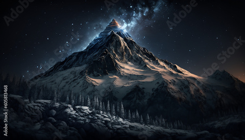 Mountain snow landscape galaxy star night , Ai gen 