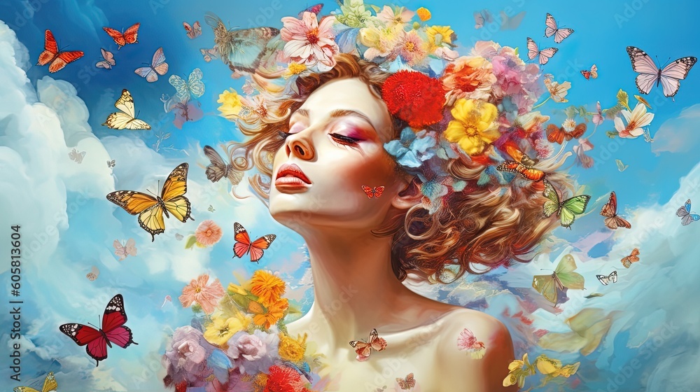 A woman completely covered in colorful flowers, light blue background with clouds and butterflies. Generative AI
