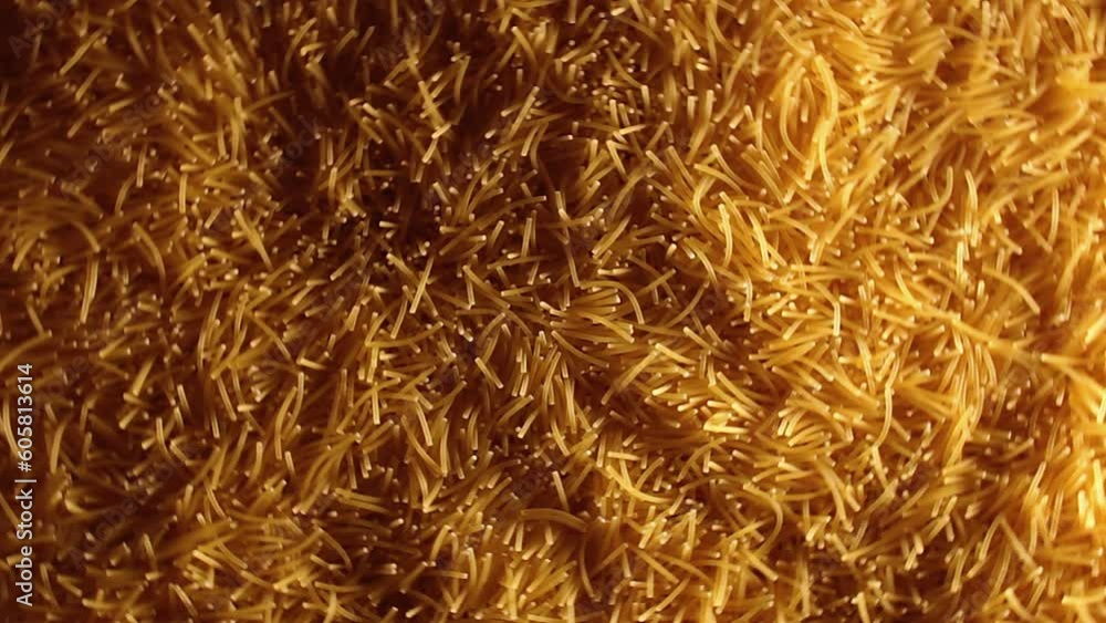 Background of Uncooked Golden Noodles that Rotating Clockwise - Top View. Texture of Dry Vermicelli Turning Around. Raw Pasta with Low Key Light - Right Rotation Background of Uncooked Golden Noodles that Rotating Clockwise - Top View. Texture of Dry Vermicelli Turning Around. Raw Pasta with Low Key Light - Right Rotation