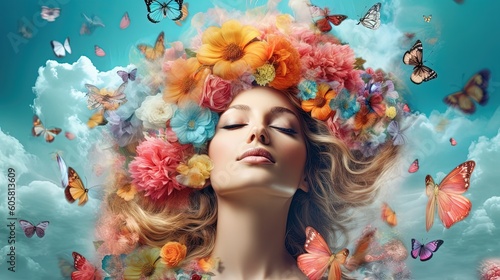 A woman completely covered in colorful flowers, light blue background with clouds and butterflies
