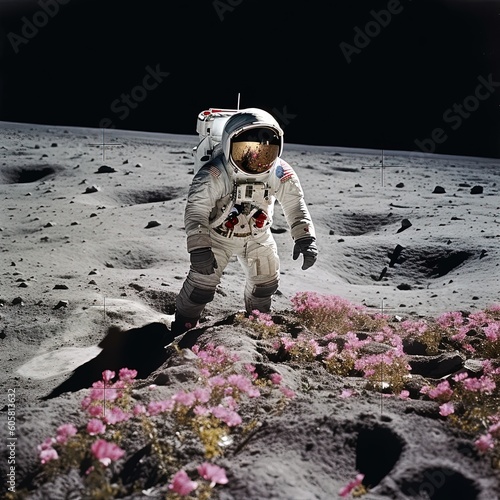 Astronaut neil armstrong on the white surface of the moon finds 1 colorful flower photo