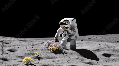 Astronaut neil armstrong on the white surface of the moon finds 1 colorful flower