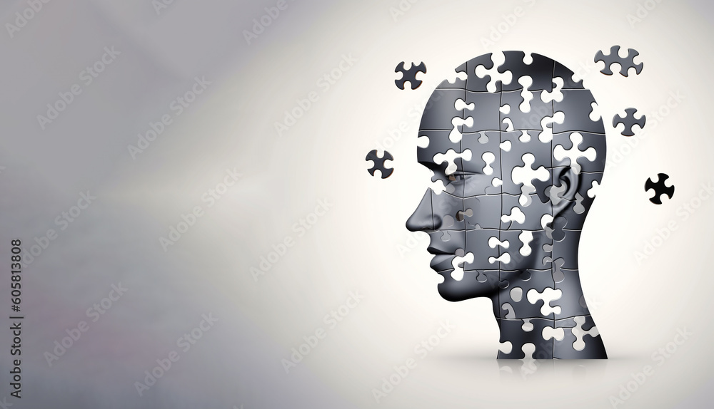 Head profile with jigsaw puzzle pieces falling apart. Alzheimer's and dementia, mental illness and brain disorder vector illustration, Created using generative AI tools. Head profile with jigsaw puzzle pieces falling apart. Alzheimer's and dementia, mental illness and brain disorder vector illustration, Created using generative AI tools.