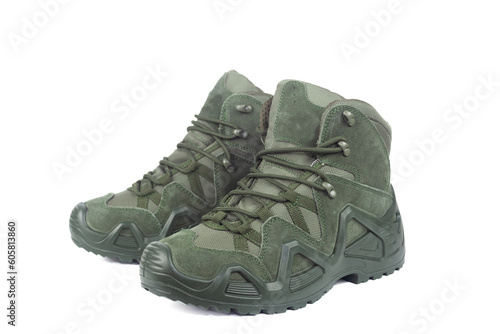 Tactical  military boots for the army are cut out on a white background. Isolated on a white background, no shadow. 