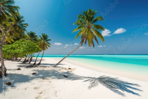 serene tropical beach with swaying palm trees and crystal clear water. Generative AI © 2rogan