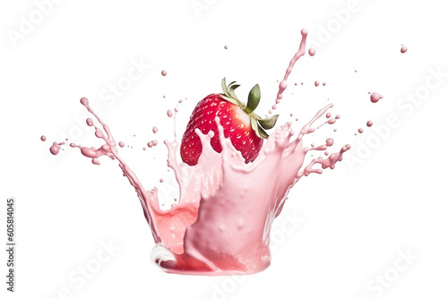 Fresh strawberry flying in pink yogurt splash isolated on white. Generative AI.