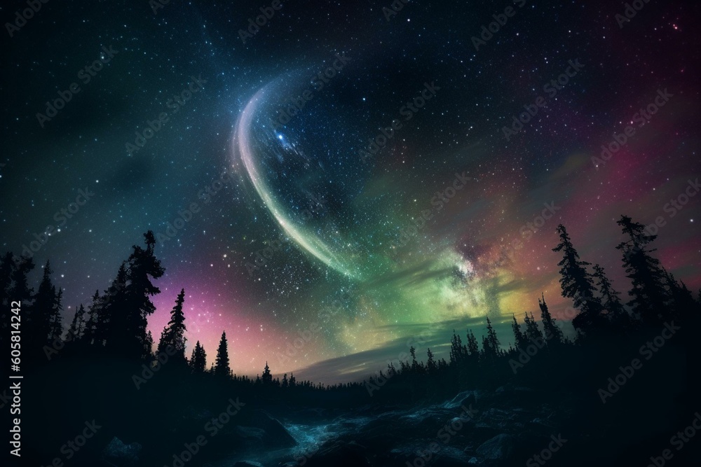 A stunning crescent moon with a heart shape glows in the dark sky amidst shimmering stars and a colorful aurora. Generative AI
