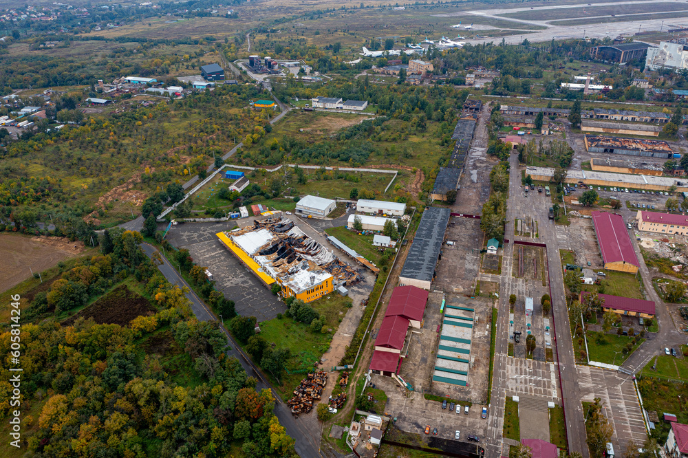 Fototapeta premium Hostomel in Ukraine from above at War in 2022