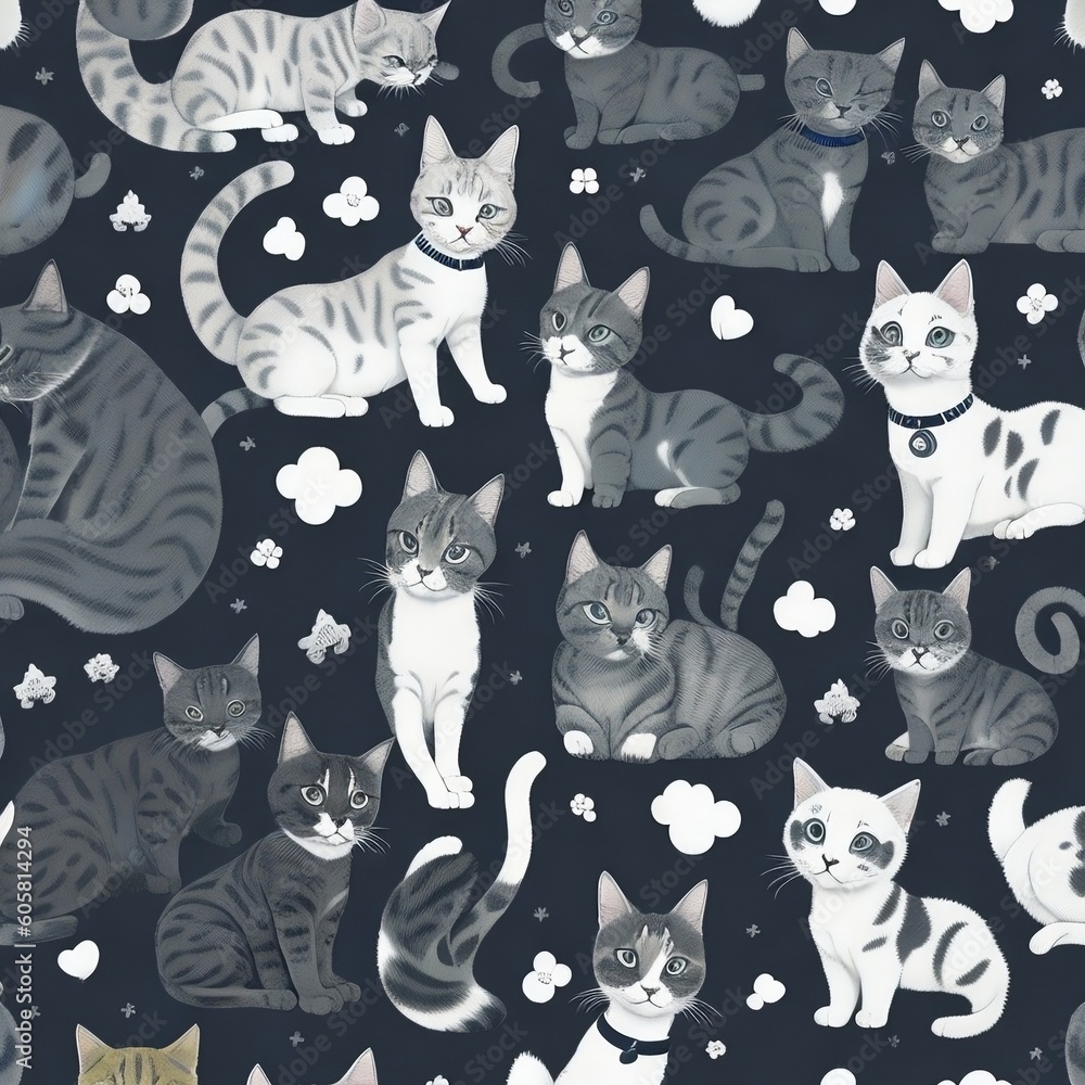 seamless background with cats, black and white seamless background with cats, black and white
