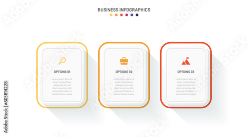 Timeline infographic with infochart. Modern presentation template with 3 spets for business process. Website template on white background for concept modern design. Horizontal layout.