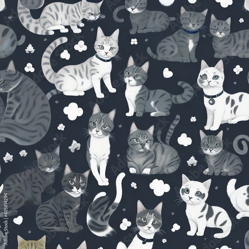 seamless background with cats, black and white