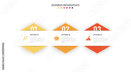 Timeline infographic with infochart. Modern presentation template with 3 spets for business process. Website template on white background for concept modern design. Horizontal layout.