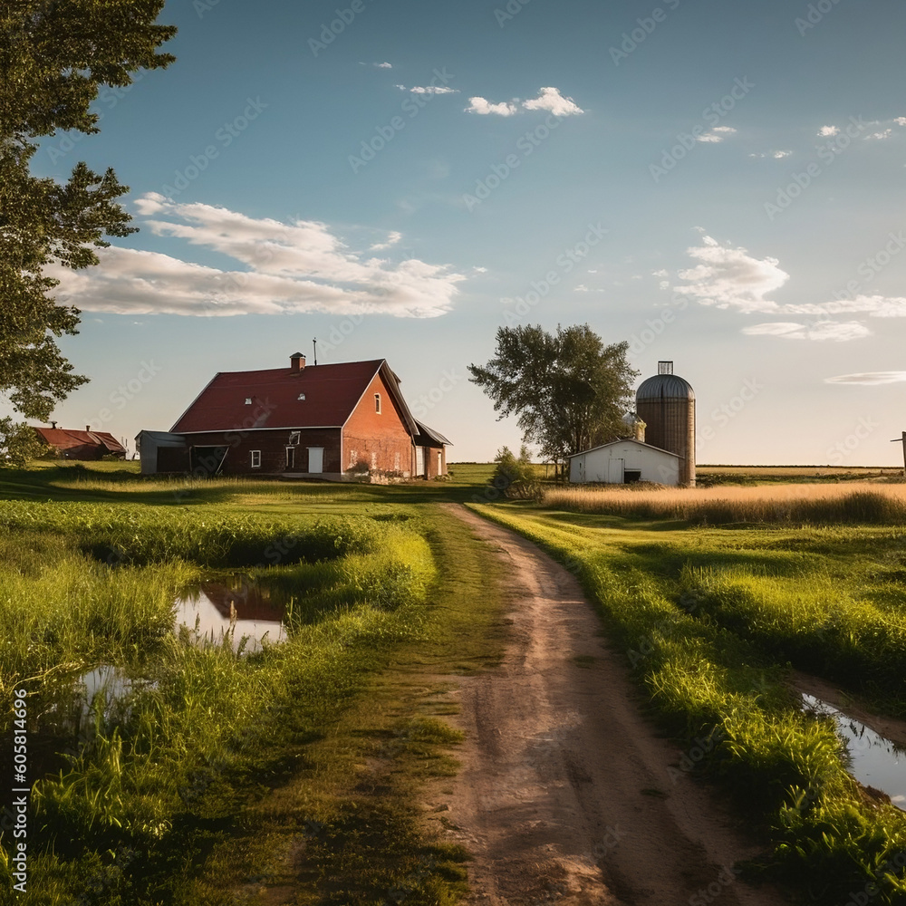 Canadian prairie landscape with house, barn and silo