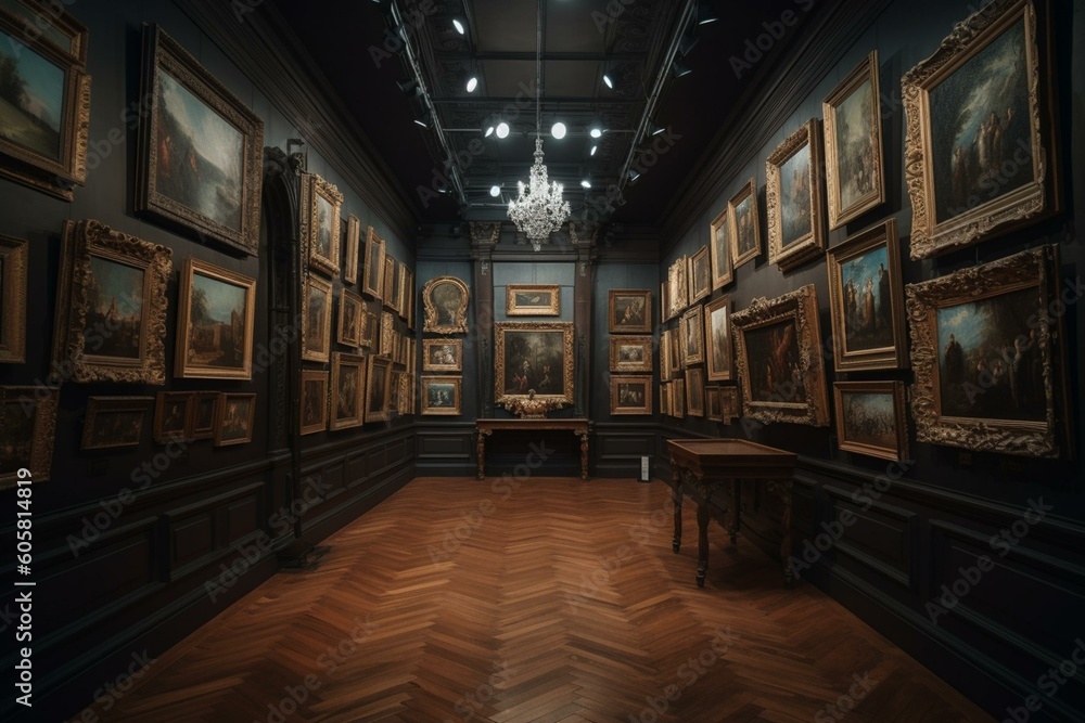 Art gallery, paintings, architecture. Generative AI