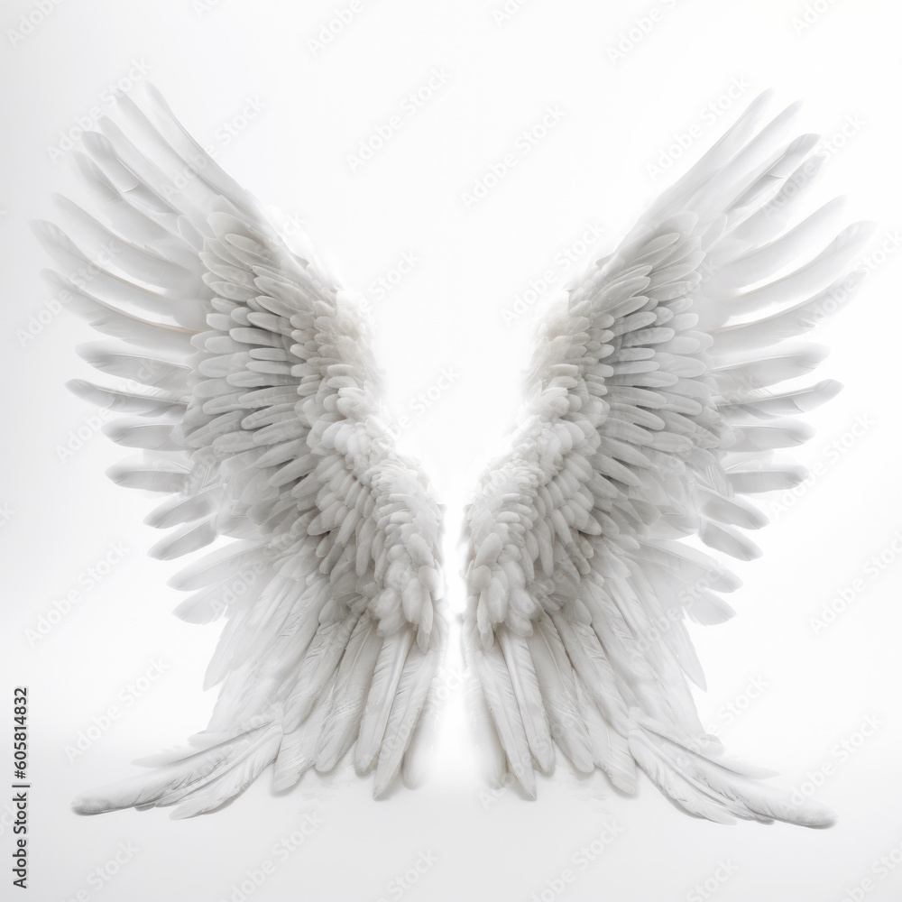 Obraz premium Abstract white feathered wings isolated on white background, symbolizing spirituality and purity. AI Generative