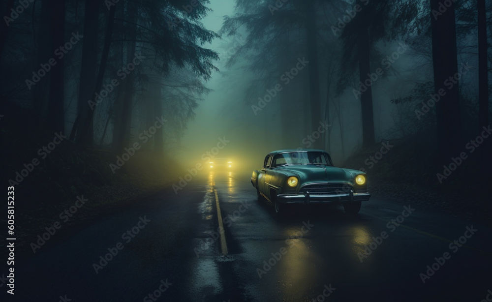 Old classic car on a wet road covered in fog with bright headlights. Generative AI.