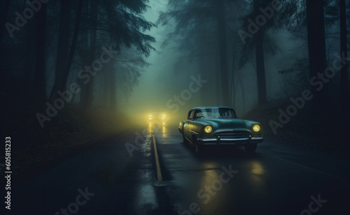 Old classic car on a wet road covered in fog with bright headlights. Generative AI. © Jason