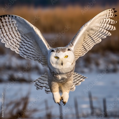 Dusk's Majestic Flight: Snowy Owl Soaring in Elegance