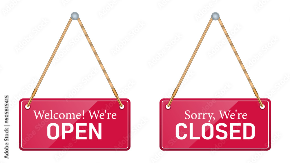 Red sign open and closed with white frame and rope Red sign open and closed with white frame and rope