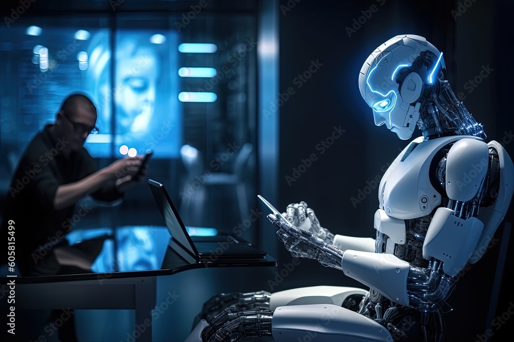 The bridge between humans and AI: A man taps away on his smartphone, chatting with ChatGPT, an intelligent robot, through the command prompt interface The bridge between humans and AI: A man taps away on his smartphone, chatting with ChatGPT, an intelligent robot, through the command prompt interface
