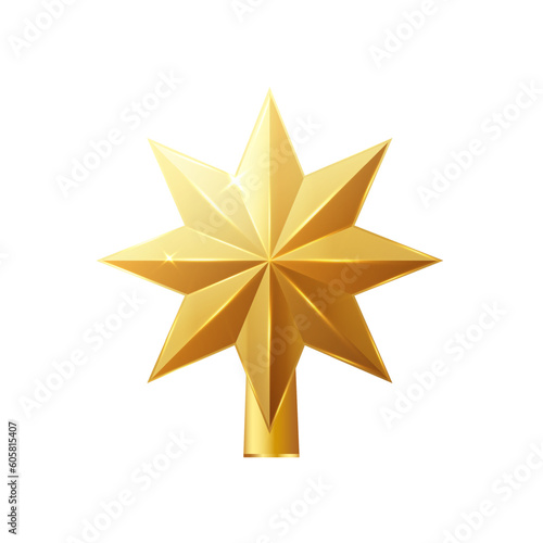 Christmas gold tree topper vector. 3d realistic golden star decoration in , decorative traditional shiny design for top of Xmas pine tree. Vector
