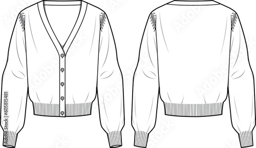 Women's Button-up Cardigan. Technical fashion illustration. Front and back, white color. Women's CAD mock-up.