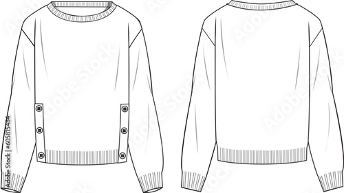 Women's Button Side Detail Sweater- Technical fashion illustration. Front and back, white color. Women's CAD mock-up.