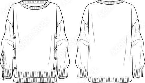 Women's Button Side Detail, High Low Hem Sweater- Technical fashion illustration. Front and back, white color. Women's CAD mock-up.